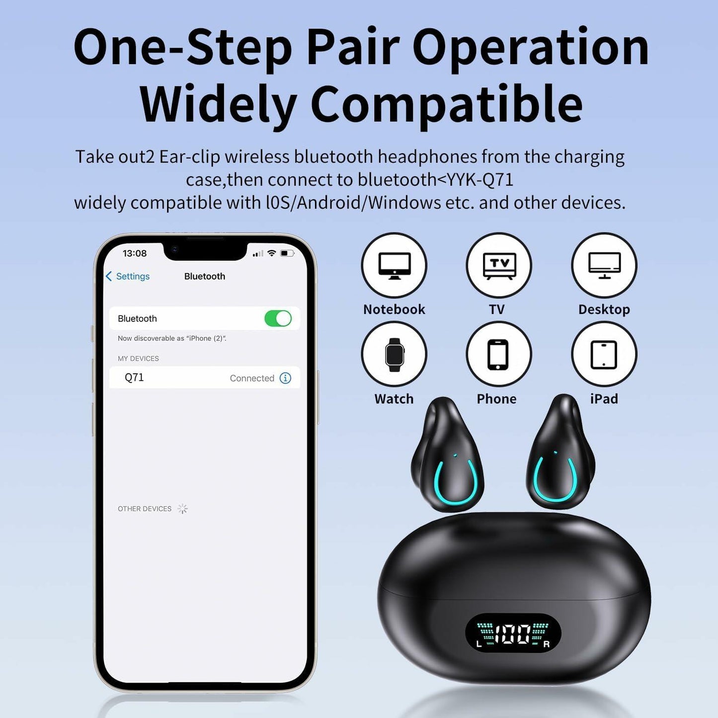 Wireless Bluetooth Bone Conduction Headphones 60H LED Display Waterproof