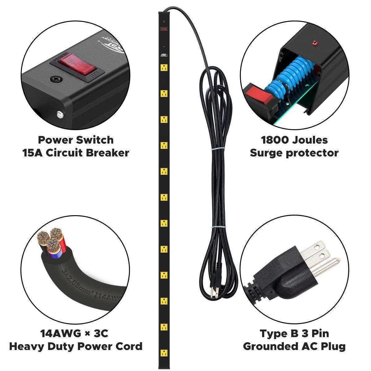 CRST 4.2" Wide Spaced 12 Outlets Mountable Metal Power Strip Surge Protector, 15FT Power Cord, Mounting Brackets Included